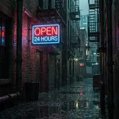 Gemini 3 Pro Image — A glowing neon sign reading OPEN 24 HOURS in a dar