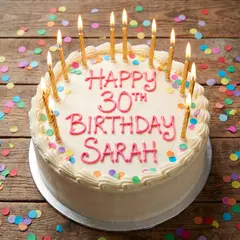 Gemini 3 Pro Image — A birthday cake with HAPPY 30TH BIRTHDAY SARAH wri