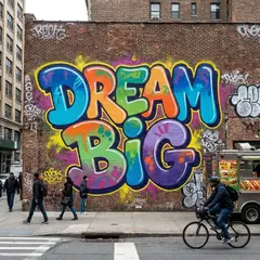 Gemini 3 Pro Image — A graffiti mural on a brick wall spelling DREAM BI