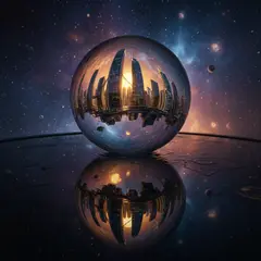 Gemini 2.5 Flash Image — A glass sphere refracting a distorted cityscape, s