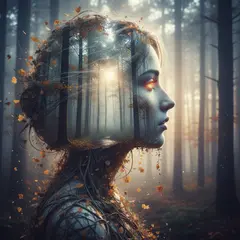 Gemini 2.5 Flash Image — A double exposure photograph combining a forest wi