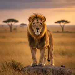 Gemini 2.5 Flash Image — A majestic lion with a full mane, golden savanna b