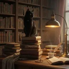 Gemini 2.5 Flash Image — A black cat sitting on a stack of old books in a c