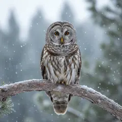 Gemini 2.5 Flash Image — An owl perched on a snow-covered branch, intense a