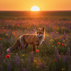 Gemini 2.5 Flash Image — A fox in a field of wildflowers, backlit by sunset