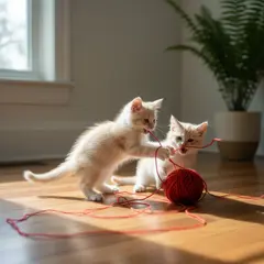 Gemini 2.5 Flash Image — Two kittens playing with a ball of red yarn on a h