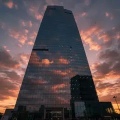 Gemini 2.5 Flash Image — A modern glass skyscraper reflecting clouds at sun