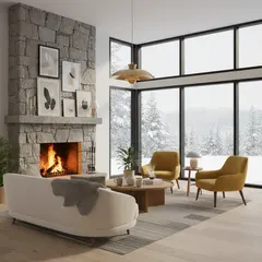 Gemini 2.5 Flash Image — A cozy Scandinavian living room with a fireplace, 