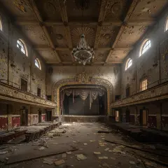 Gemini 2.5 Flash Image — An abandoned Art Deco theater with peeling gold pa