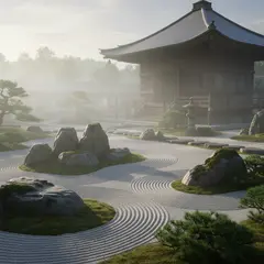 Gemini 2.5 Flash Image — A Japanese zen garden with raked gravel, moss-cove