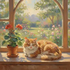 Gemini 2.5 Flash Image — A cat sitting on a windowsill, impressionist oil p