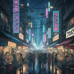 Gemini 2.5 Flash Image — A cyberpunk street market in Tokyo, anime style, n