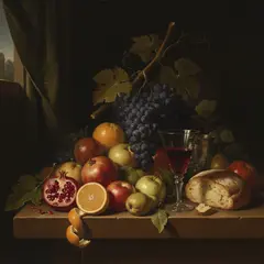 Gemini 2.5 Flash Image — A still life of fruit and wine on a table, Dutch G