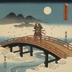 Gemini 2.5 Flash Image — A lone samurai standing on a misty bridge, ukiyo-e