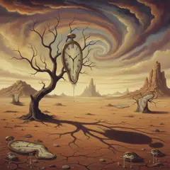 Gemini 2.5 Flash Image — A surreal melting clock draped over a barren tree 