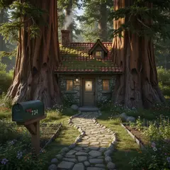 Gemini 2.5 Flash Image — A small house between two tall trees, with a path 