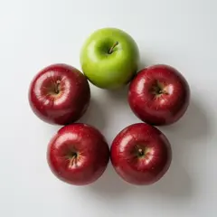 Gemini 2.5 Flash Image — Five red apples arranged in a circle on a white ta