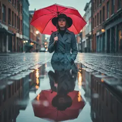 Gemini 2.5 Flash Image — A woman holding an umbrella in the rain, reflected