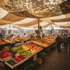 Gemini 2.5 Flash Image — A busy farmer's market scene with at least six dif
