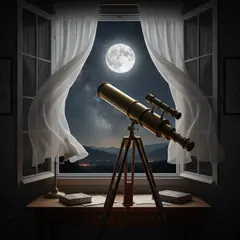 Gemini 2.5 Flash Image — A telescope pointing at the moon through an open w