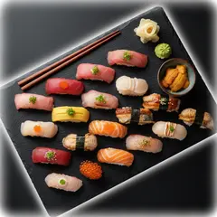 Gemini 2.5 Flash Image — A perfectly plated sushi omakase on a black slate 