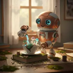 Gemini 2.5 Flash Image — A 3D render of a cute robot watering plants in a m