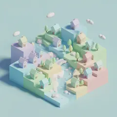 Gemini 2.5 Flash Image — An isometric low-poly village with tiny houses, tr