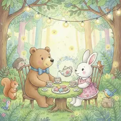 Gemini 2.5 Flash Image — A children's book illustration of a bear and a rab