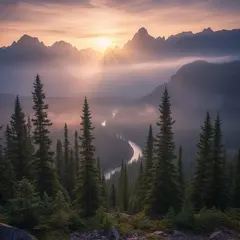 Gemini 2.5 Flash Image — A misty mountain range at sunrise, layers of purpl