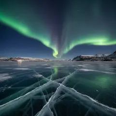 Gemini 2.5 Flash Image — A frozen lake with cracks in the ice, Northern Lig