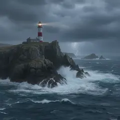 Gemini 2.5 Flash Image — A coastal cliff with crashing waves below, lightho