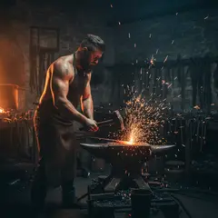 Gemini 2.5 Flash Image — A bearded blacksmith in a dark workshop, sparks fl