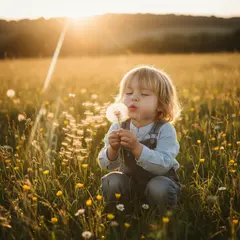 Gemini 2.5 Flash Image — A child blowing dandelion seeds in a sunlit meadow