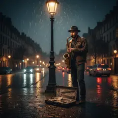 Gemini 2.5 Flash Image — A street musician playing saxophone under a lamppo
