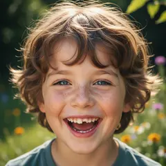 Gemini 2.5 Flash Image — A freckled boy with bright blue eyes and messy hai