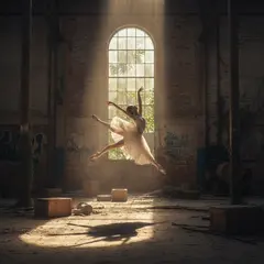 Gemini 2.5 Flash Image — A ballet dancer mid-leap in an abandoned warehouse