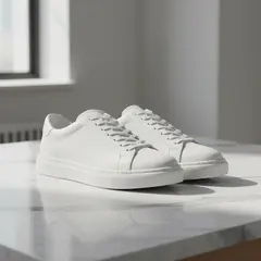 Gemini 2.5 Flash Image — A pair of white leather sneakers on a marble count