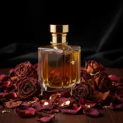 Gemini 2.5 Flash Image — A bottle of amber perfume on a bed of dried roses,