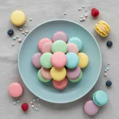 Gemini 2.5 Flash Image — A stack of colorful macarons on a pastel blue plat