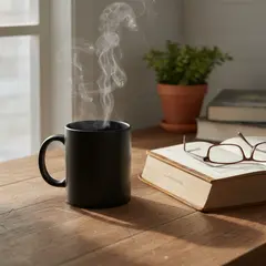 Gemini 2.5 Flash Image — A matte black coffee mug with steam rising, placed