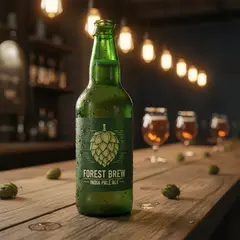 Gemini 2.5 Flash Image — A green glass bottle of craft beer with condensati