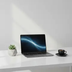 Gemini 2.5 Flash Image — A sleek laptop on a clean white desk with a potted