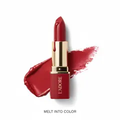 Gemini 2.5 Flash Image — A tube of red lipstick standing upright, melting s