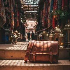 Gemini 2.5 Flash Image — A leather messenger bag on a sun-dappled step in a