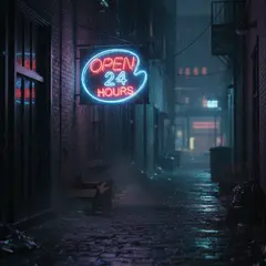 Gemini 2.5 Flash Image — A glowing neon sign reading OPEN 24 HOURS in a dar