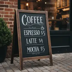 Gemini 2.5 Flash Image — A hand-lettered chalkboard menu outside a coffee s
