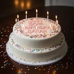 Gemini 2.5 Flash Image — A birthday cake with HAPPY 30TH BIRTHDAY SARAH wri