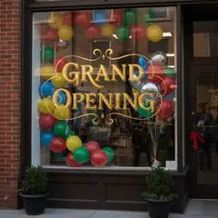 Gemini 2.5 Flash Image — A storefront window with GRAND OPENING painted in 