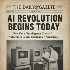 Gemini 2.5 Flash Image — A newspaper headline reading AI REVOLUTION BEGINS 