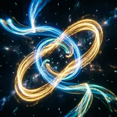 Qwen Image 2.0 — Intertwining ribbons of light in blue and gold aga